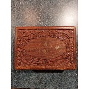 Vtg IndiaArts Wooden Brass Box Hand Carved Flowers & Vines Design Lined